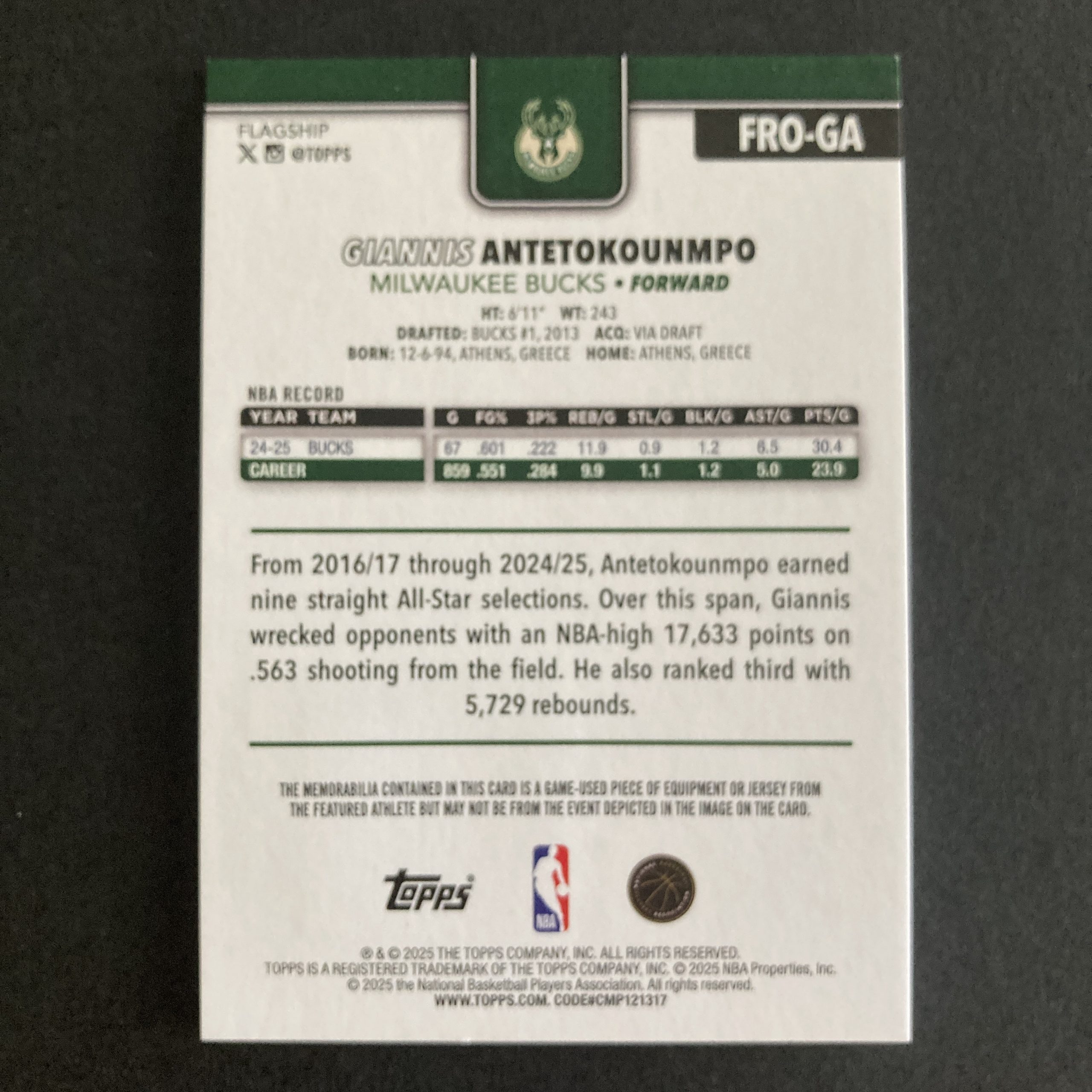 Giannis Antetokounmpo 2025-26 Topps Flagship Real One Relics SSP Orange Rainbow foil parallel game-used memorabilia card #FRO-GA, serial numbered 14/25
