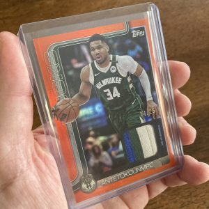 Giannis Antetokounmpo 2025-26 Topps Flagship Real One Relics SSP Orange Rainbow foil parallel game-used memorabilia card #FRO-GA, serial numbered 14/25