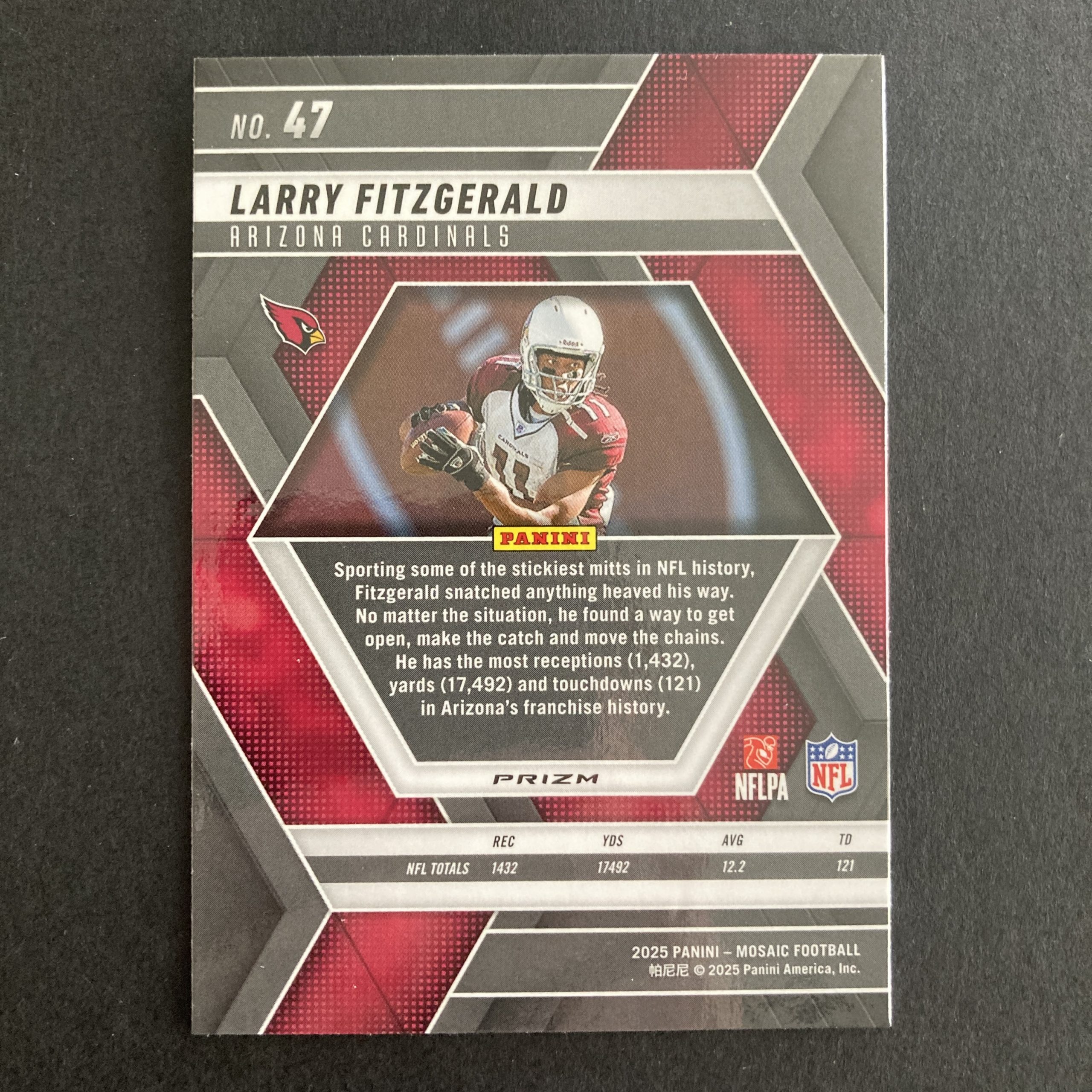 Larry Fitzgerald 2025 Panini Mosaic SSP Honeycomb Prizm holo parallel card #47