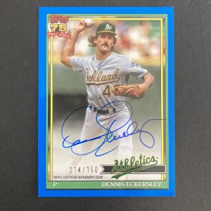 Dennis Eckersley 2026 Topps Series 1 1991 Topps Baseball Autographs SP Blue parallel on-card auto insert card #91A-DE, serial numbered 014/150. Oakland Athletics collectible MLB baseball card.